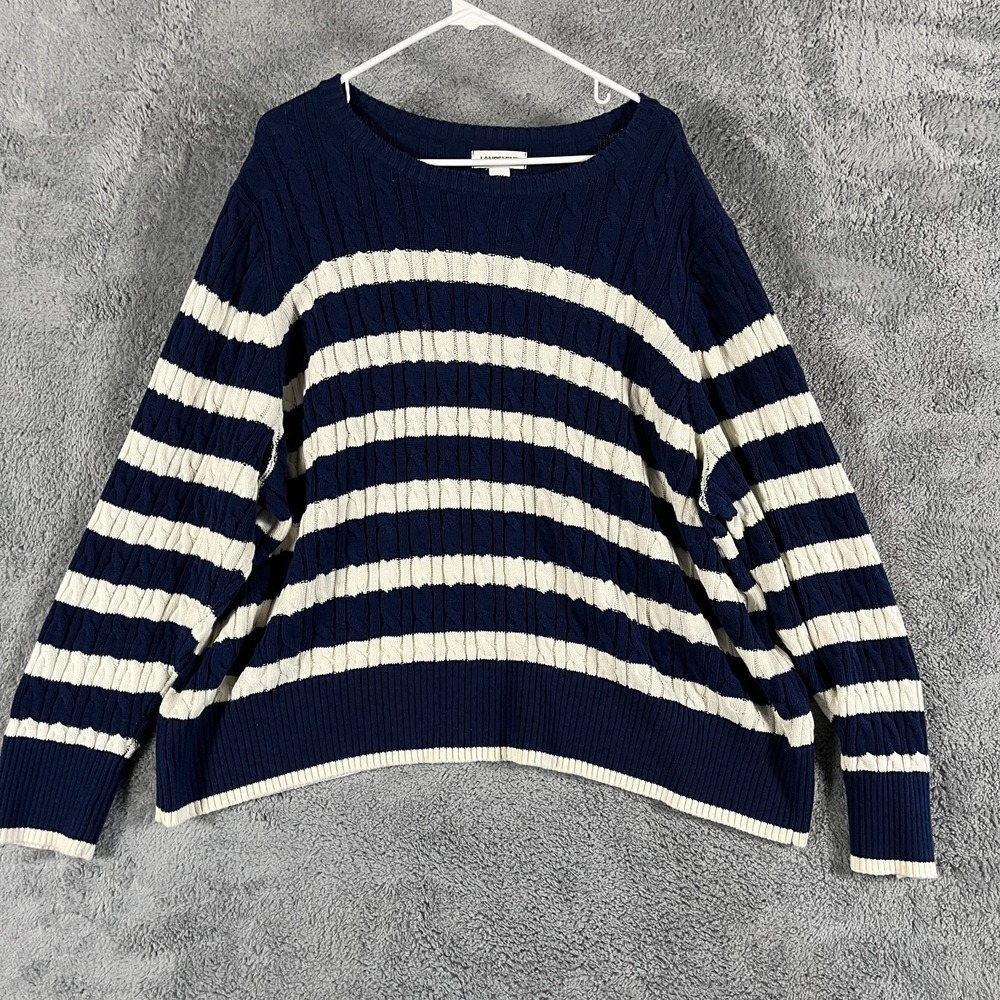 Lands End Sweater Womens 3X Blue White Striped Cable Knit Long Sleeve Pullover